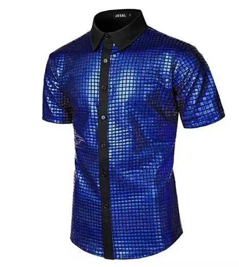 Summer Men's Disco Party Short Sleeve Shirt, Red Gold Blue Black Available, Fashion Casual Shirts