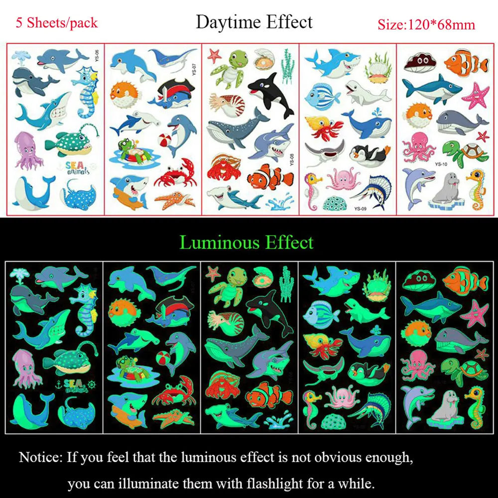 5 Sheets Luminous Tattoo Stickers Temporary Colorful Animal Dinosaur Tattoo Fake Tattoo for Body Hand Face