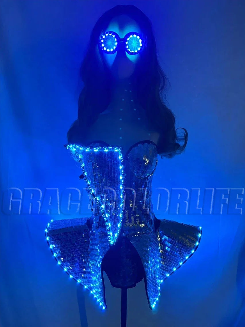 Women LED Luminous Costume GOGO Dancer Performance Dress Woman Rave Fashion Outfits Nightclub Tron Dance Party