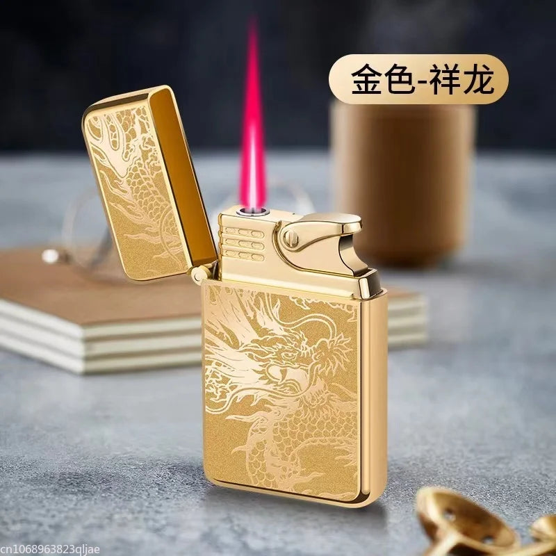 Metal Jet Red Flame Lighter Luminous Cigar Lighter Refillable Butane Adjustable Flame Portable Windproof Gas Lighter Men's Gifts