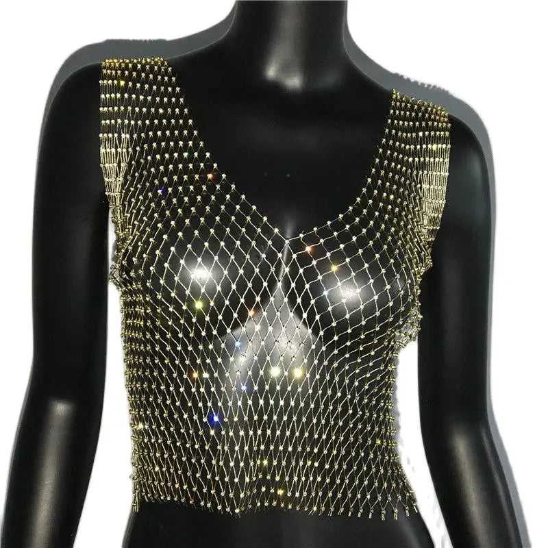 Women's Fishnet Rhinestone Crop Top 2024 Summer Sexy Mesh High Elastic Black White Shirt Net See Through Rave Diamond Tank Top