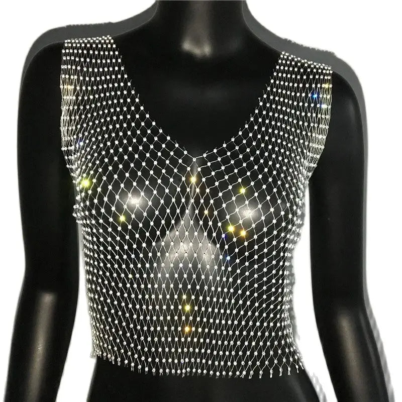 Women's Fishnet Rhinestone Crop Top 2024 Summer Sexy Mesh High Elastic Black White Shirt Net See Through Rave Diamond Tank Top