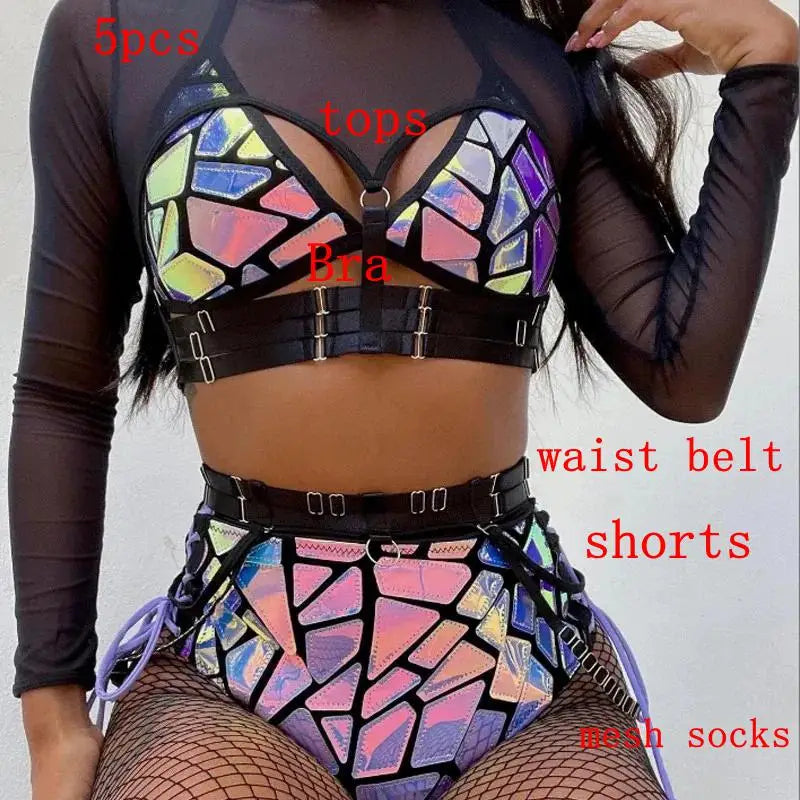 2 Style Sexy Purple Laser Mirrors Bikini/Bodysuit Mesh Socks Set Dancer Stage Singer Nightclub Bar Party Show Rave Suit