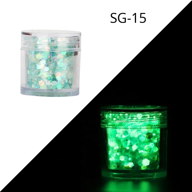 15Colors Holographic Luminous Sequins Glow in the Dark Nail Art Neon Glitters Mixed Hexagon Powder Manicure Body/Eyes/Face Flake