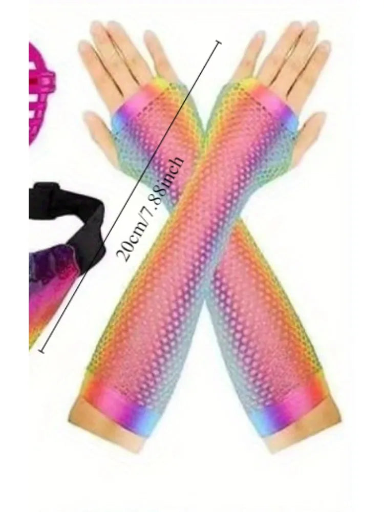 80s women's costume party costume set Neon pink leg warmers Head Belt Fishnet Gloves Earrings Sunglasses Retro party