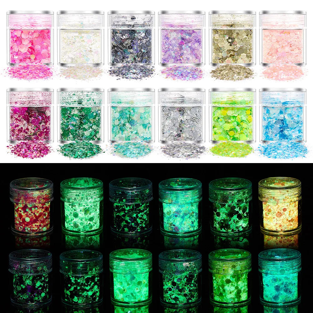 15Colors Holographic Luminous Sequins Glow in the Dark Nail Art Neon Glitters Mixed Hexagon Powder Manicure Body/Eyes/Face Flake