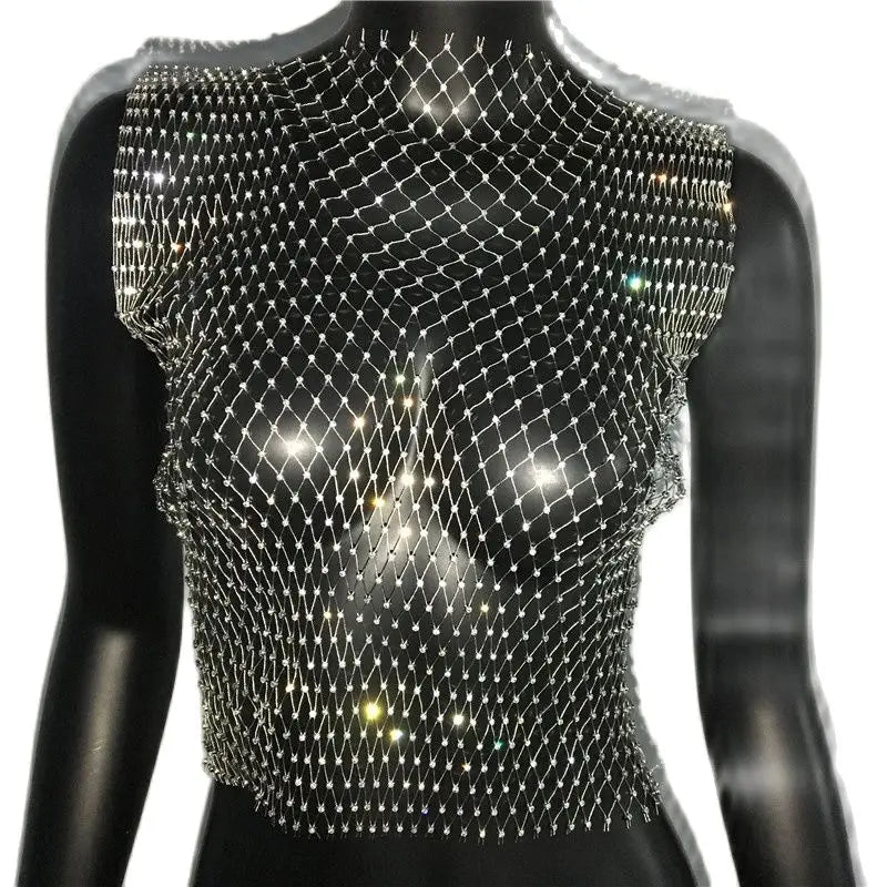 Women's Fishnet Rhinestone Crop Top 2024 Summer Sexy Mesh High Elastic Black White Shirt Net See Through Rave Diamond Tank Top