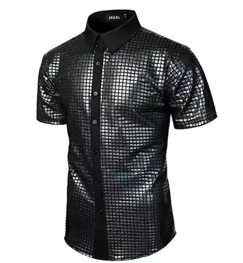Summer Men's Disco Party Short Sleeve Shirt, Red Gold Blue Black Available, Fashion Casual Shirts