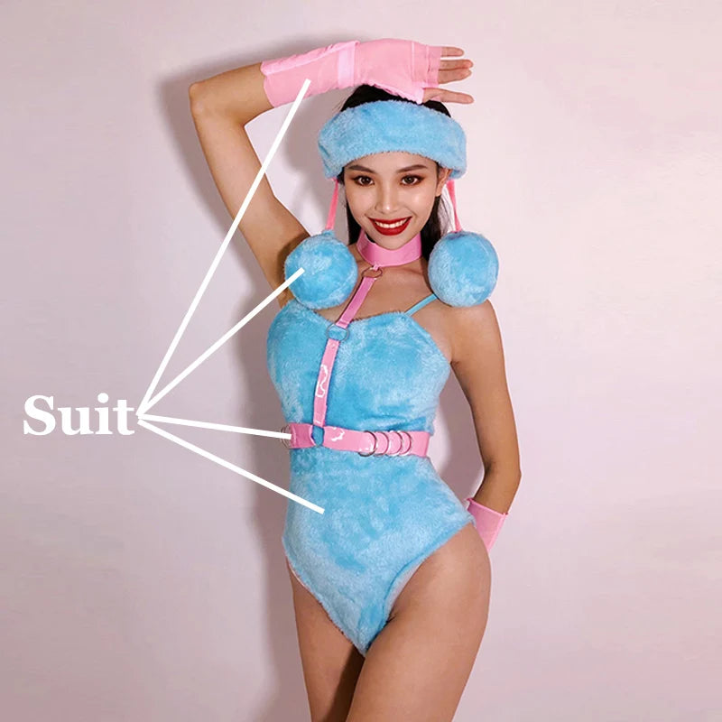 Blue Plush Bodysuit Sexy Pole Dance Costume Dj Ds Bikini Adult Party Rave Outfit Nightclub Bar Gogo Dancing Clothes VDB5234