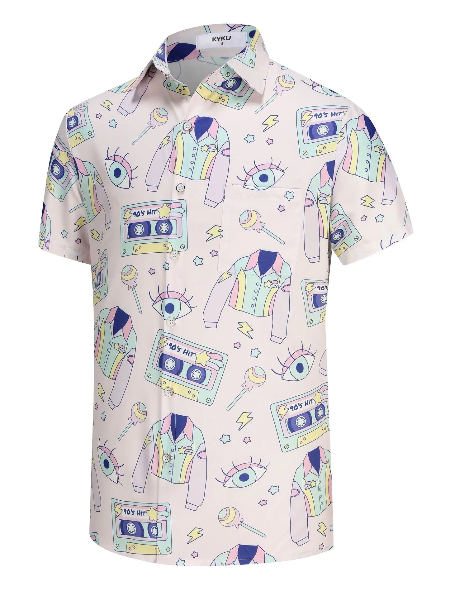 KYKU 80s Costume 90s Clothes Hawaiian Shirt for Men Button Down Shirts Short Sleeve Retro Disco Outfits