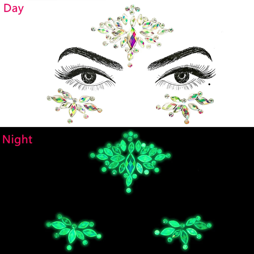 1pc 5D Fluorescence Glitter AB Water-Drop Tear Rhinestone Face Sticker Glow-In-Dark Crystal Face Slider DIY Party MakeUp Daimond