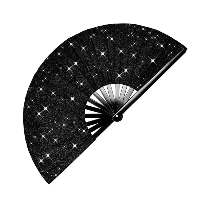 ABUI-Folding Glitter Rave Fan Withleg Strap Andfabric Case Bag Foredm,Festival,Club,Party,Dance Black