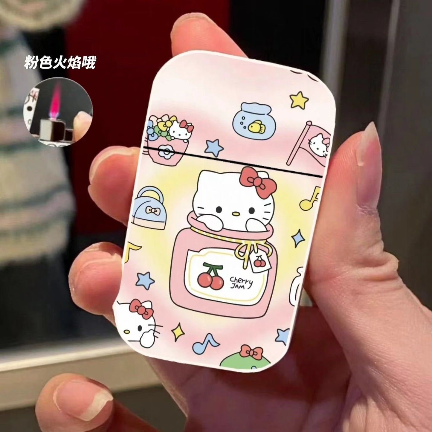 Gift Set Hello Kitty Turbo Gas Lighter, Pink Fire Windproof Metal Flip Cover Women's Lighter Jet Flame, Smoking Accessories