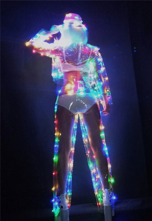 Female Color LED lights Performance clothes Music Festival Singer Dance Team DJ Disco dancing Costume Sexy LED Perspective Suit