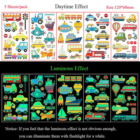 5 Sheets Luminous Tattoo Stickers Temporary Colorful Animal Dinosaur Tattoo Fake Tattoo for Body Hand Face