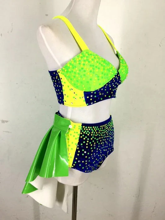 Female Sexy Pole Dance Clothing Shiny Fluorescent Rhinestones Bikini Female Stage Performance Costume Nightclub Dj Rave Outfit