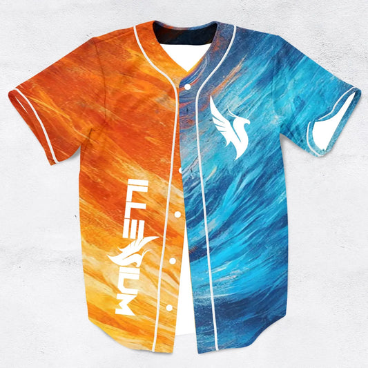 Illenium  Jersey Illenium Phoenix orange and blue split rave baseball jersey for edm festivals  button down shirt men/women