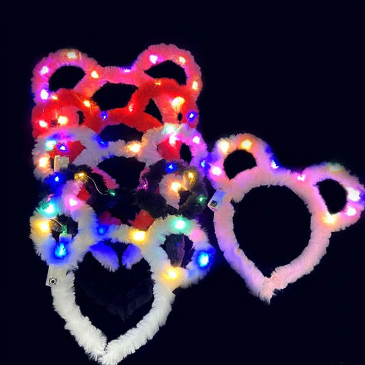 10/20/30 Pcs Cute LED Plush Bear Ear Headband Kids Adult Light Up Hairband Plush Glitter Hair Hoop Headwear Glow Hair Accessorie