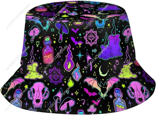 Fashion Retro 80s 90s Bucket Hat Men Women Packable Sun Cap Rave Party Outfit Accessories Fisherman Hats Outdoor Cartoon Pattern