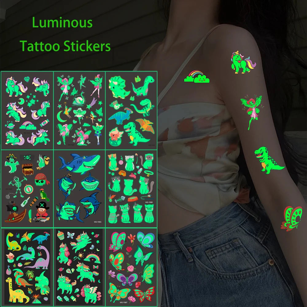 5 Sheets Luminous Tattoo Stickers Temporary Colorful Animal Dinosaur Tattoo Fake Tattoo for Body Hand Face