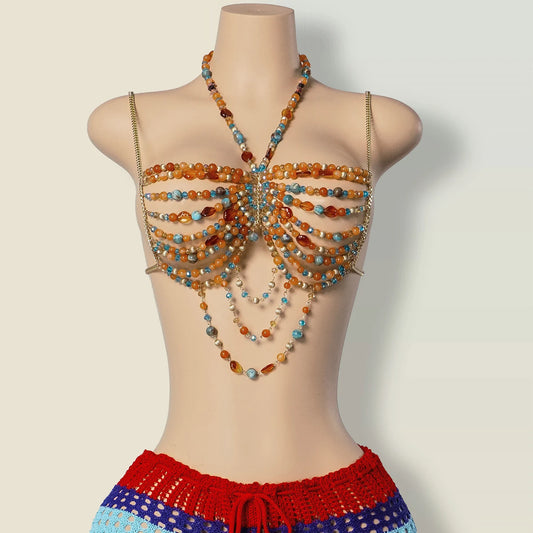 Handmade Female Mermaid Core Top Music Rave Festival Outfit Y2K Bead Top Body Chain 2025 Bikini Top Boho Beaded Crystal Bra