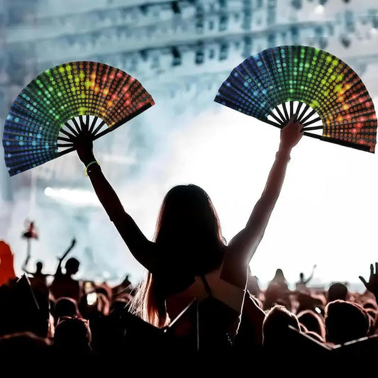 33cm Classics Folding Fan Hand Fans Rainbow Print Black Bamboo Bone Fan Cooling Handheld Fan Festival Performance Dance Fan Gift