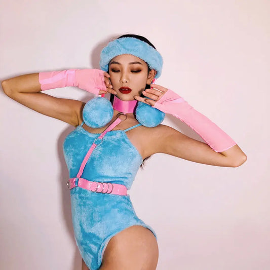 Blue Plush Bodysuit Sexy Pole Dance Costume Dj Ds Bikini Adult Party Rave Outfit Nightclub Bar Gogo Dancing Clothes VDB5234