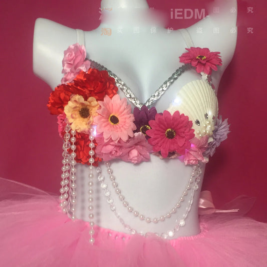 Led jump di rave bra tutu shell flower suit costume Sexy edm luminous bra luminous skirt