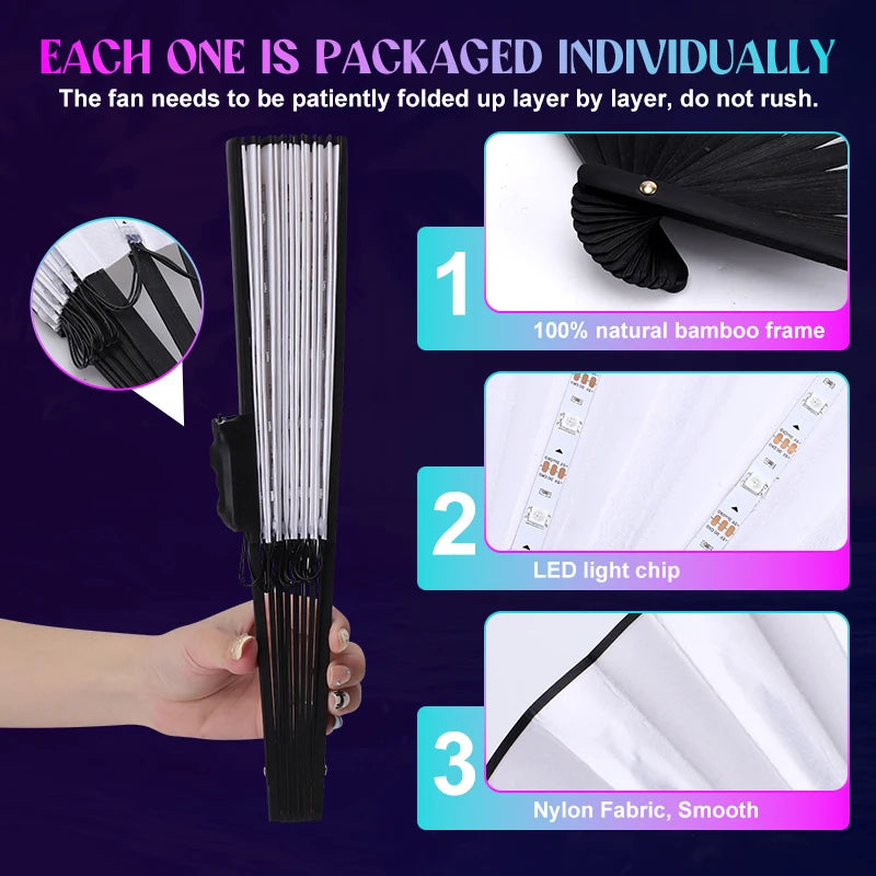 Rechargeable Glow Folding Fan,Led Fan Dancing Light Fans,Foldable Hand Fan,for Music Festival Dj Bar Club Neon Party Rave Night