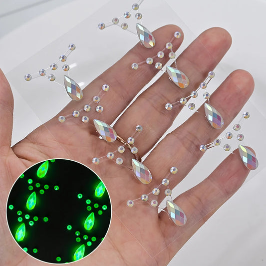 1pc 5D Fluorescence Glitter AB Water-Drop Tear Rhinestone Face Sticker Glow-In-Dark Crystal Face Slider DIY Party MakeUp Daimond