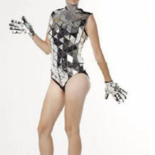 Mirror High Slit Bodysuit Lens Sequins Bodysuit Gogo Costume Women Nightclub Dj Ds Sexy Pole Dance Clothes Stage Outfit XS3536