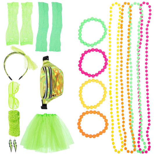 Neon Retro Costume Set Women 80s Party Accessories Pink Mesh Gloves Headb Rabbit Skirt Necklace Bracelet Pouch Prom Disco