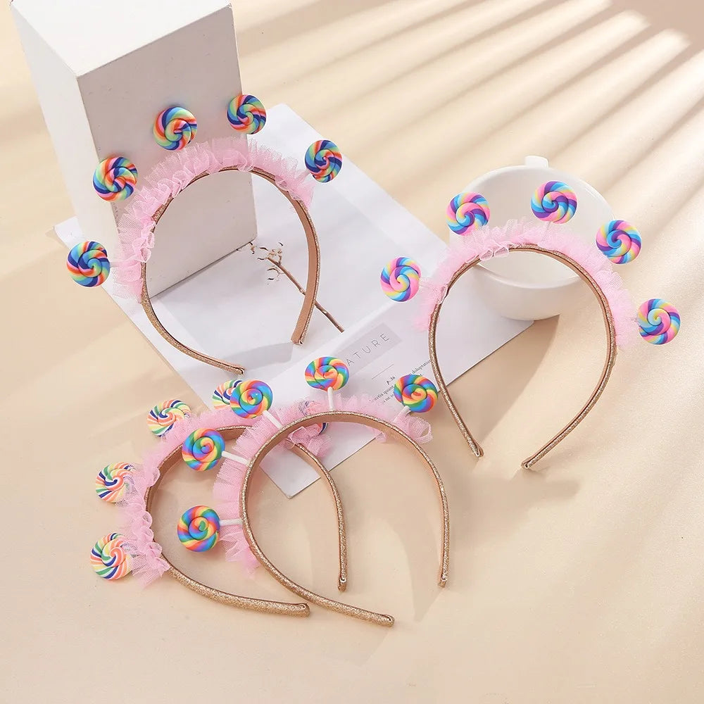 Pink Lollipop Headwear Girl Candy Party DIY Dress Up Sweet Little Princess Happy 1st 2nd 3rd Birthday Party Hair Band Photo Prop