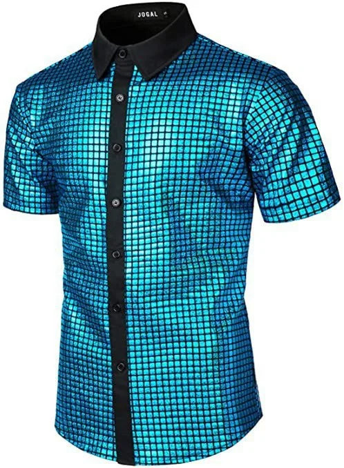 Summer Men's Disco Party Short Sleeve Shirt, Red Gold Blue Black Available, Fashion Casual Shirts