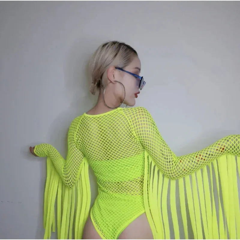 Cosjie Jazz Dance Costume Neon Green Tassel Jumpsuit Nightclub Gogo Dancer Stage Hip Hop Clothes Dj Suit Female Rave Bodysuit
