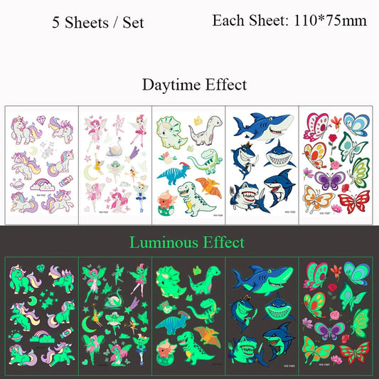 5 Sheets Luminous Tattoo Stickers Temporary Colorful Animal Dinosaur Tattoo Fake Tattoo for Body Hand Face