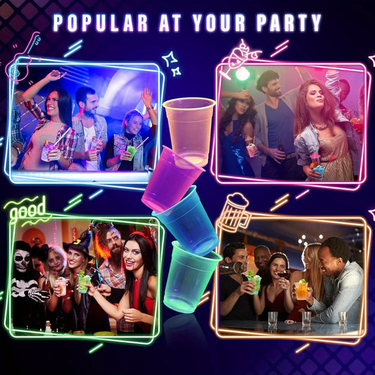 120pcs 12OZ Plastic Neon Cups: Disposable Glow Cups for UV Black Light Neon Parties. Glow-in-the-Dark for Rave, Xmas, Halloween