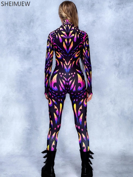 Halloween Adult Cosplay Bodysuit Colorful Butterfly 3d Printing Women's Solid Color Jumpsuit Rave Party Stage Performance Tight