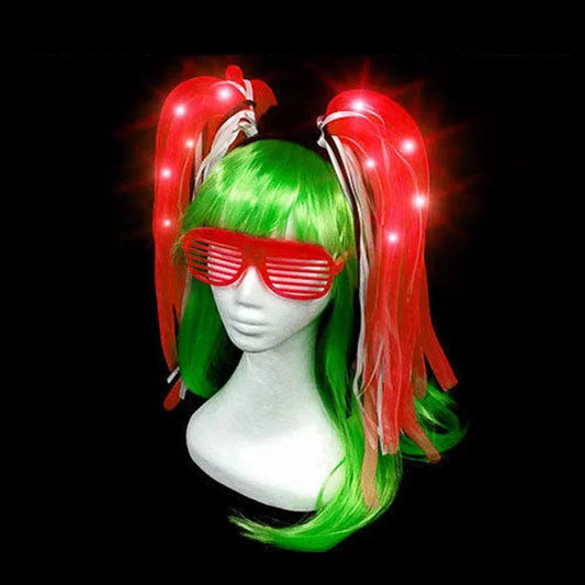 Glow Hair Braid Glasses Blink Bow Light Curly Party Clown Explosion Wig Cosplay Birthday Costume Christmas Halloween Festival