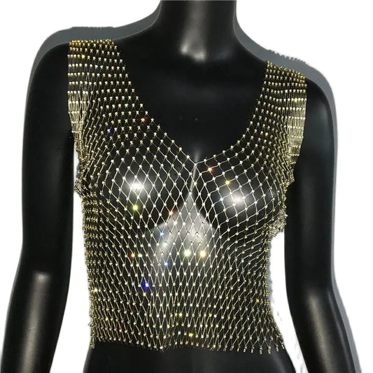 Women's Fishnet Rhinestone Crop Top 2024 Summer Sexy Mesh High Elastic Black White Shirt Net See Through Rave Diamond Tank Top