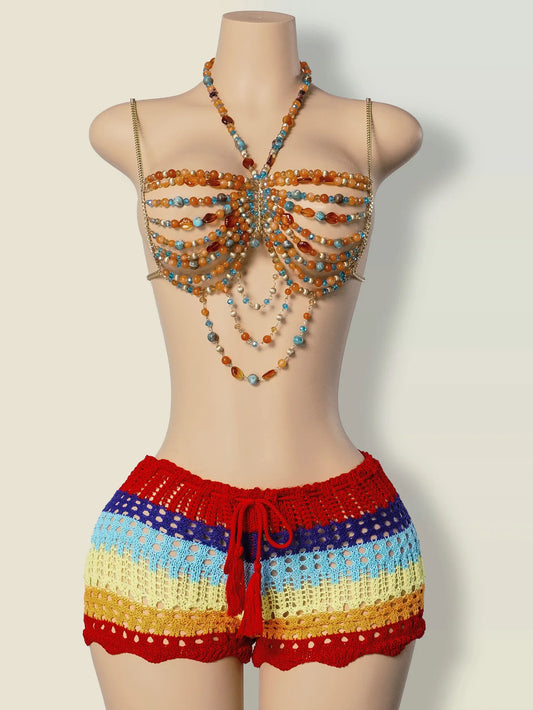 Handmade Female Mermaid Core Top Music Rave Festival Outfit Y2K Bead Top Body Chain 2025 Bikini Top Boho Beaded Crystal Bra