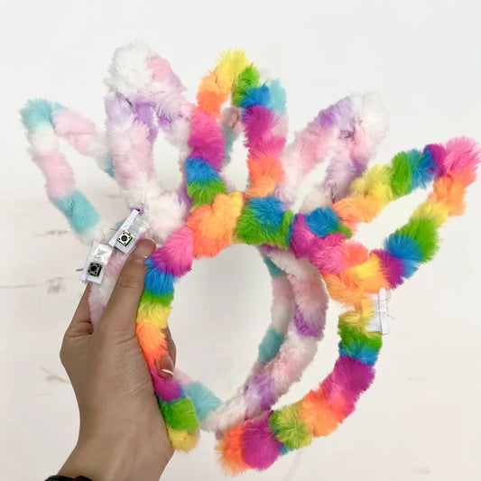 10/20/30 Pcs Cute LED Plush Bear Ear Headband Kids Adult Light Up Hairband Plush Glitter Hair Hoop Headwear Glow Hair Accessorie