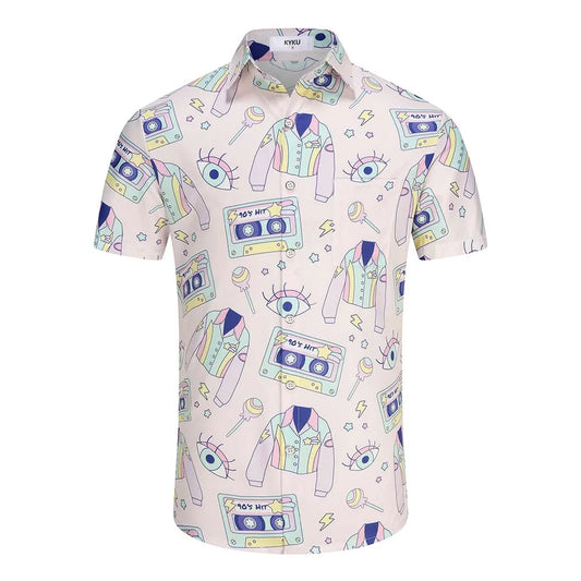 KYKU 80s Costume 90s Clothes Hawaiian Shirt for Men Button Down Shirts Short Sleeve Retro Disco Outfits