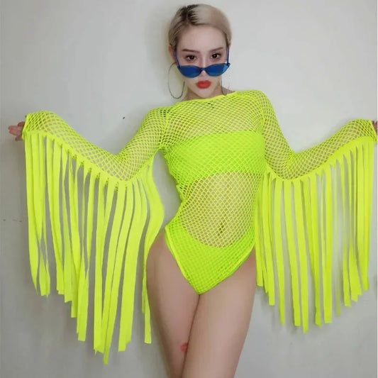 Cosjie Jazz Dance Costume Neon Green Tassel Jumpsuit Nightclub Gogo Dancer Stage Hip Hop Clothes Dj Suit Female Rave Bodysuit