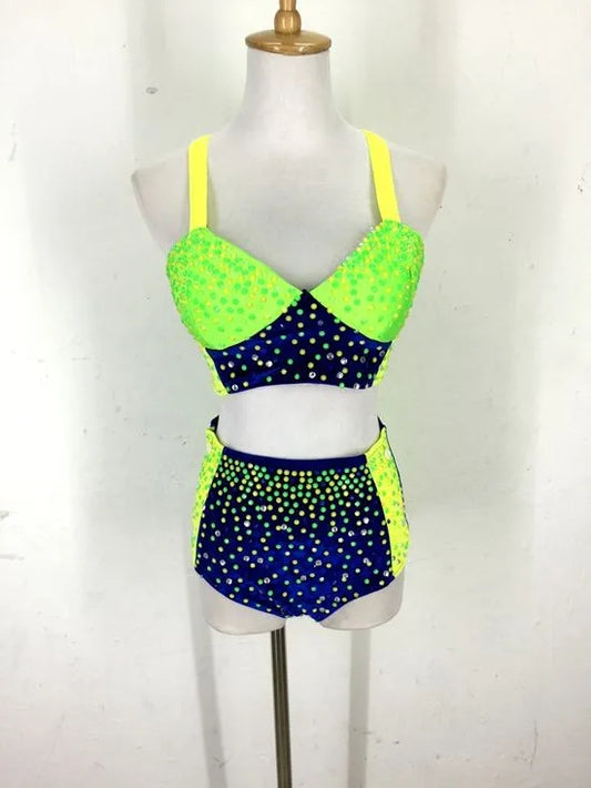 Female Sexy Pole Dance Clothing Shiny Fluorescent Rhinestones Bikini Female Stage Performance Costume Nightclub Dj Rave Outfit