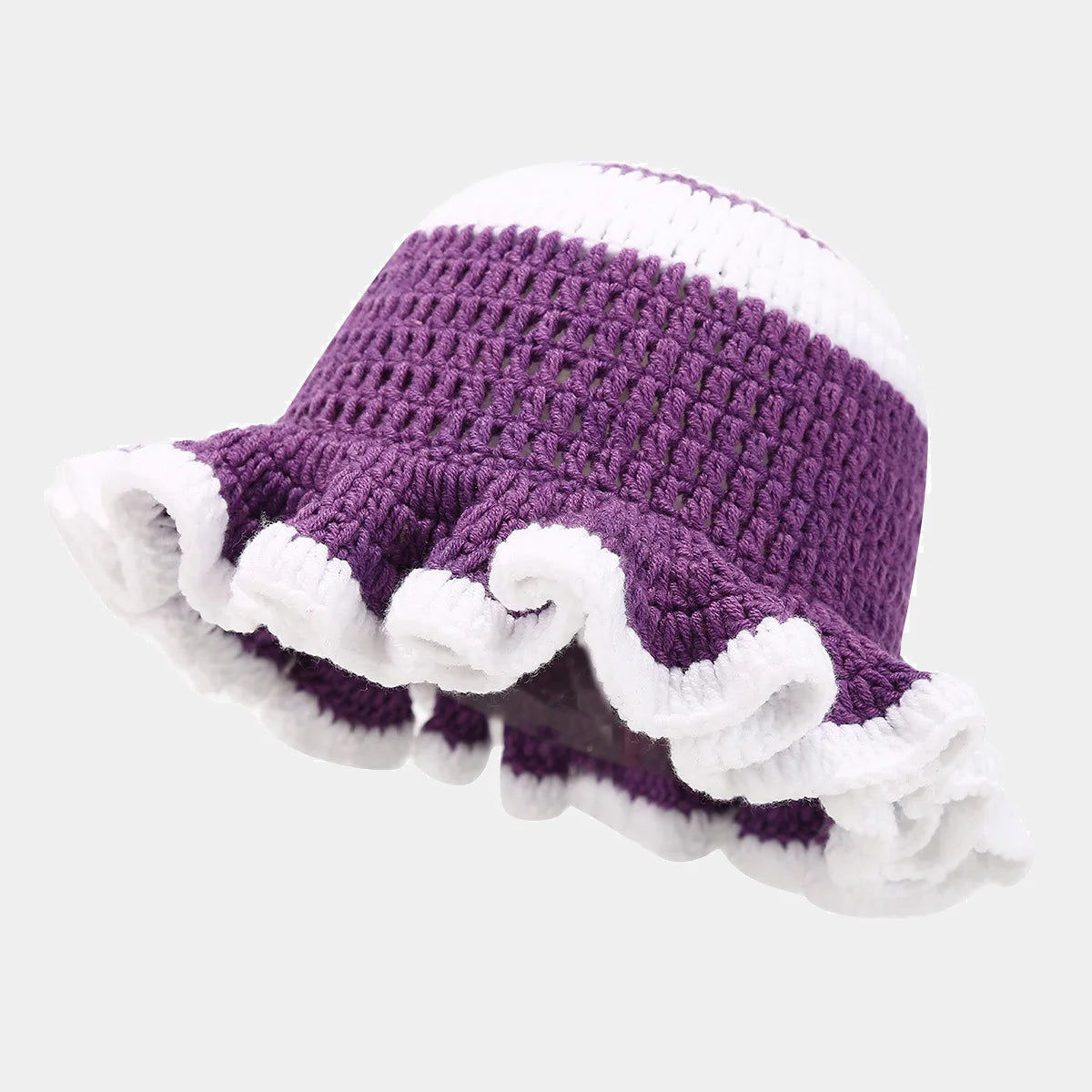 Ruffle Edge Knitted Bucket Hat Cross-border Hot Sale Hand Crocheted Hat Fashionable Colored Frilly Wool Bucket Hat