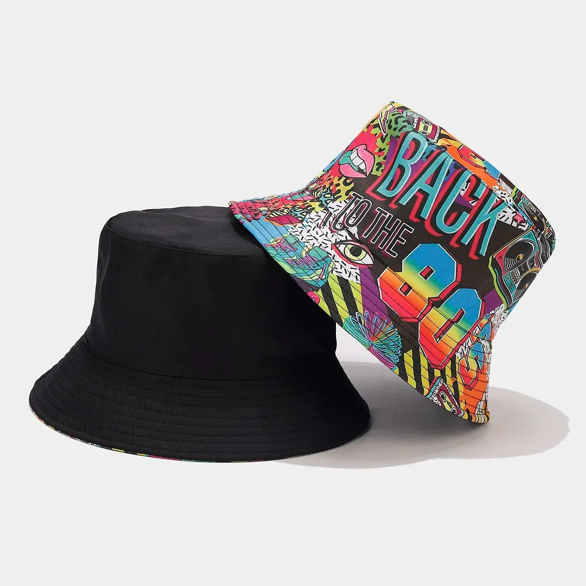 Summer Vintage 80 90 Party Graffiti Bucket Hat Men Women Reversible Panama European  American Classics Bob Fishing Beach Sun Hat