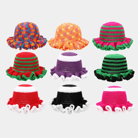 Ruffle Edge Knitted Bucket Hat Cross-border Hot Sale Hand Crocheted Hat Fashionable Colored Frilly Wool Bucket Hat