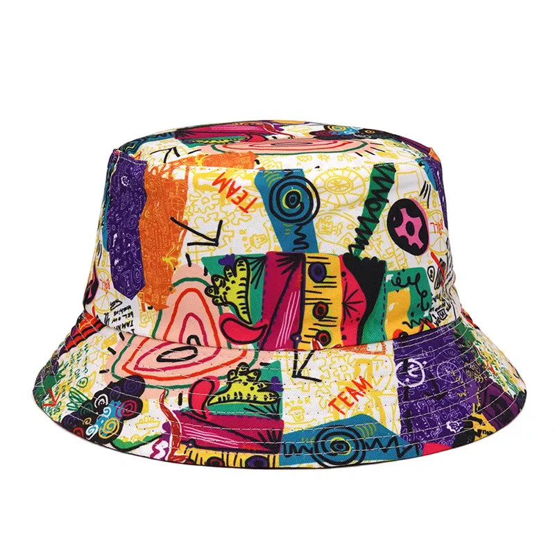 Graffiti bucket hat double-sided wearing retro sunshade sunscreen hat men and women outdoor versatile hip-hop printed pot hat