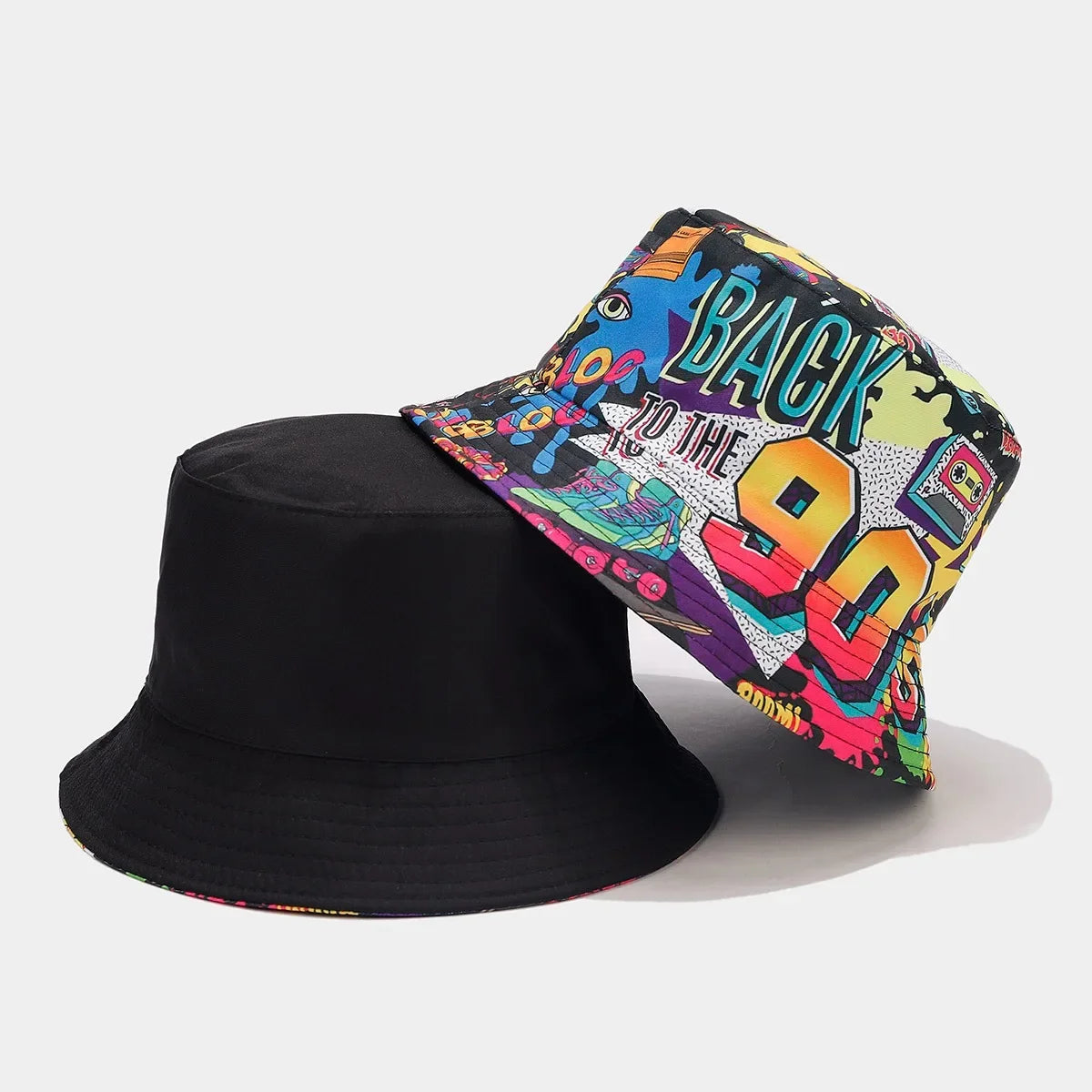 Summer Vintage 80 90 Party Graffiti Bucket Hat Men Women Reversible Panama European  American Classics Bob Fishing Beach Sun Hat